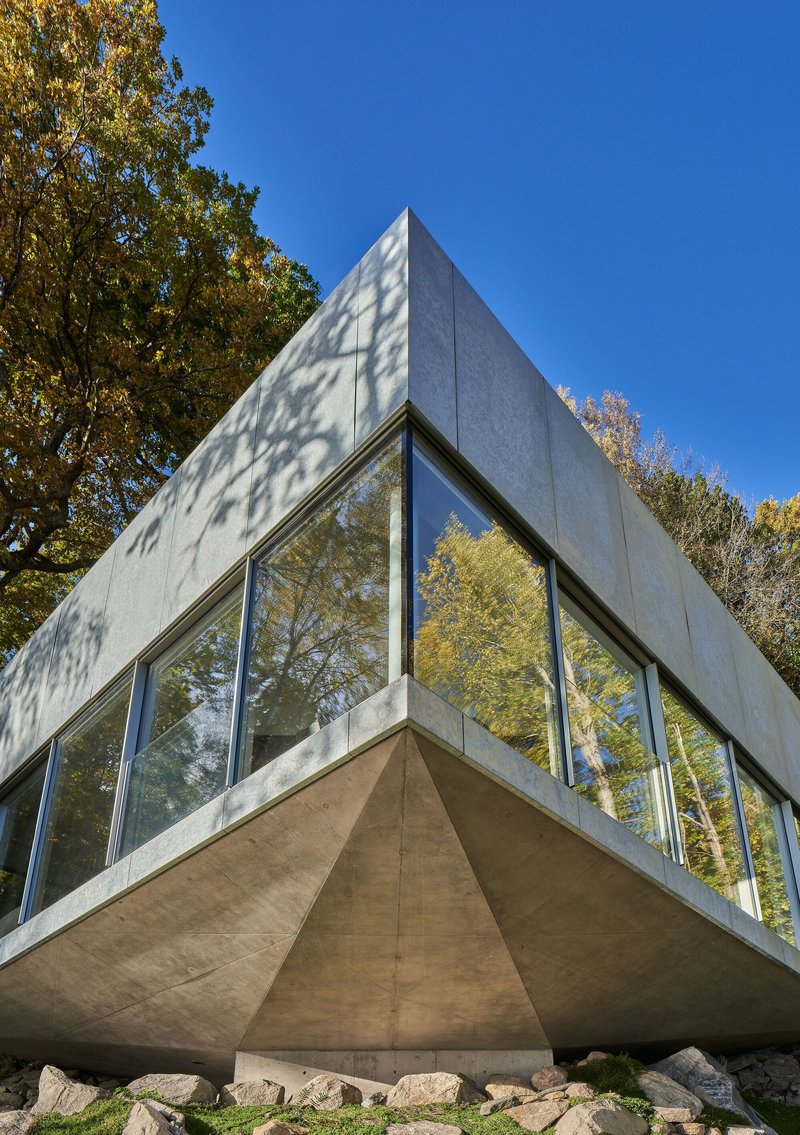 Corner elevation showing the cantilevered concrete volume with angled glazing beneath dappled tree shadows