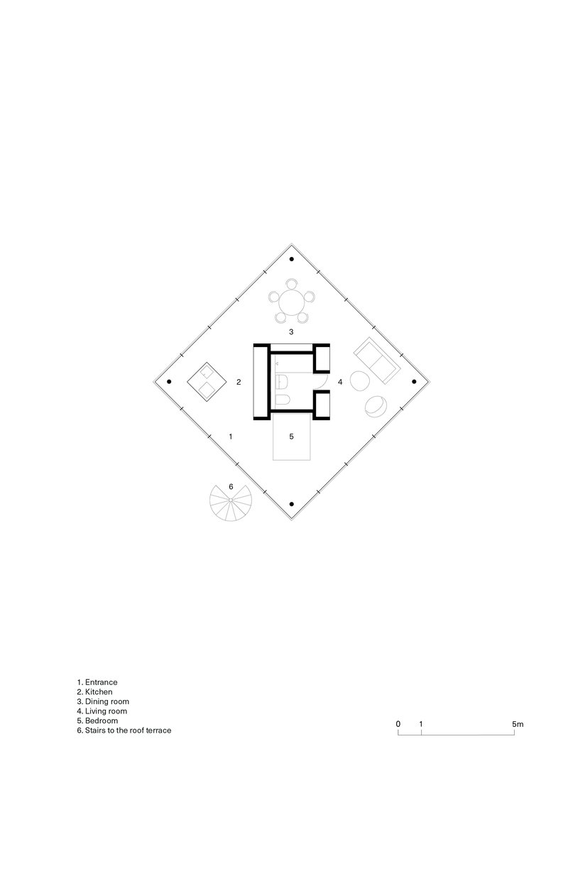 Floor plan drawing showing a diamond-shaped residence with rooms arranged around a central core