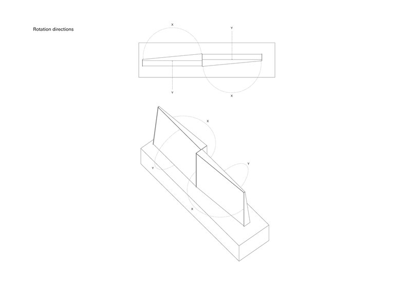 Axonometric drawing illustrating angled glass panels and their rotation axes in plan and perspective