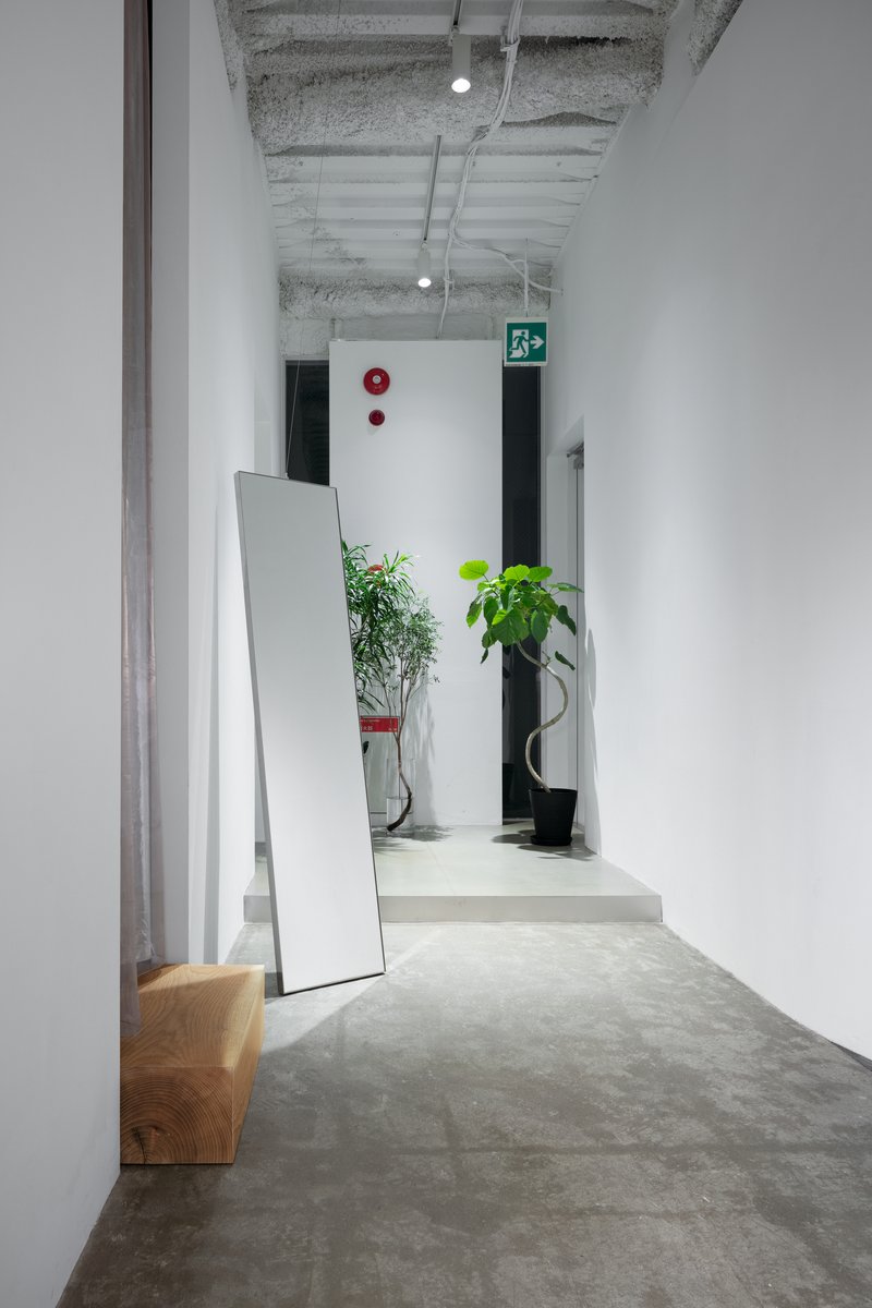 Narrow corridor with angled white partition, polished concrete floor, and potted plants beside exit signage