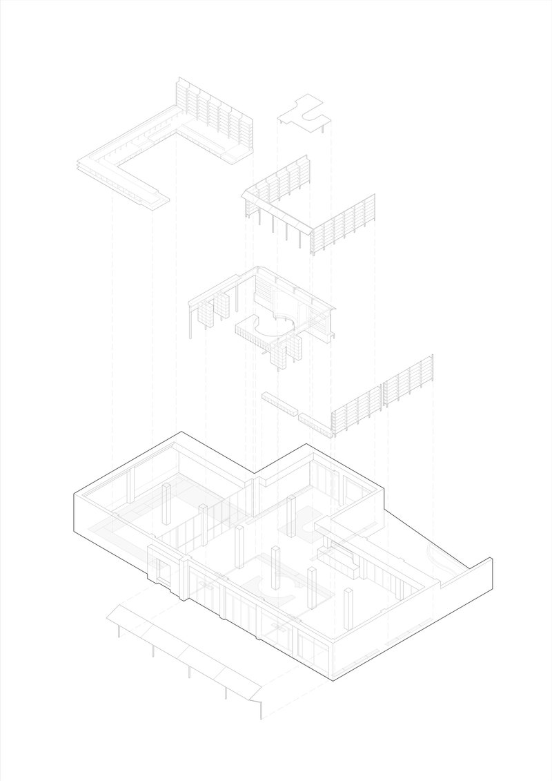 Exploded axonometric drawing revealing multiple floor levels with interior partitions and structural columns