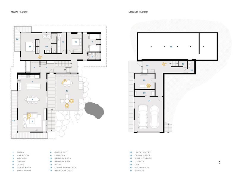 Floor plan drawing showing main and lower levels with living spaces and garage