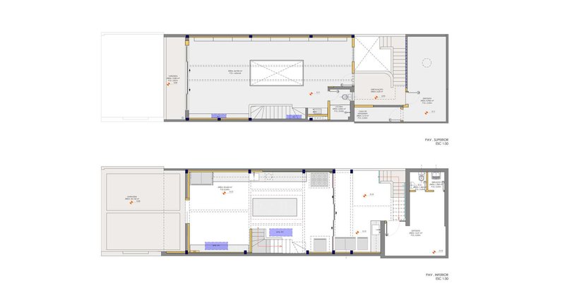 Floor plan drawings showing two levels with central staircases and open living spaces