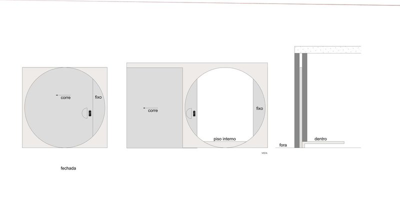 Facade and section diagrams illustrating circular openings and spatial relationships between interior and exterior zones
