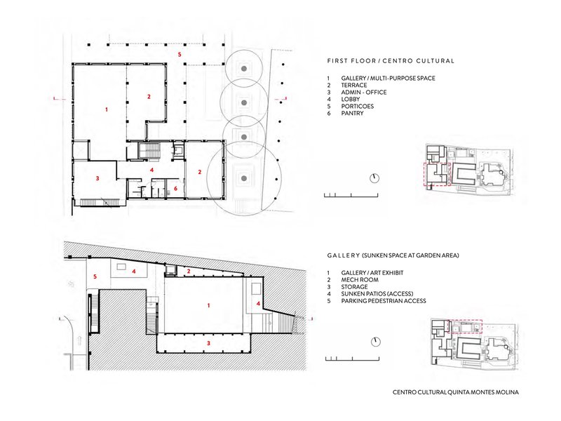 Floor plan drawing showing gallery spaces, sunken patio, and circular tree locations