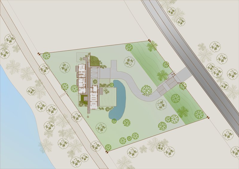 Site plan drawing showing linear building volumes beside a curved pool with surrounding landscape and trees