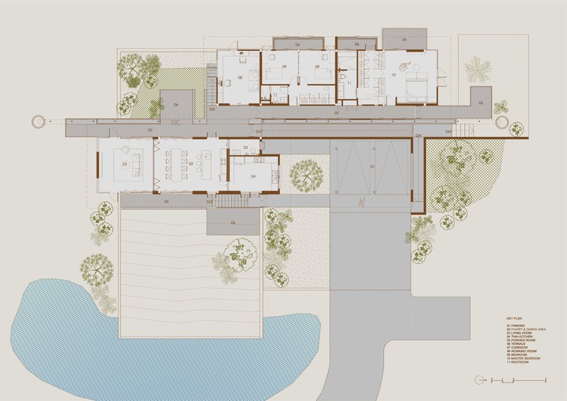 Floor plan drawing depicting interconnected rectangular volumes with courtyards and water features at the perimeter