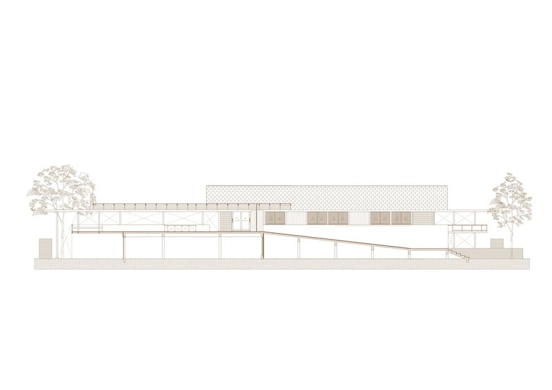 Elevation drawing showing horizontal building massing with perforated screen and flanking trees on grade