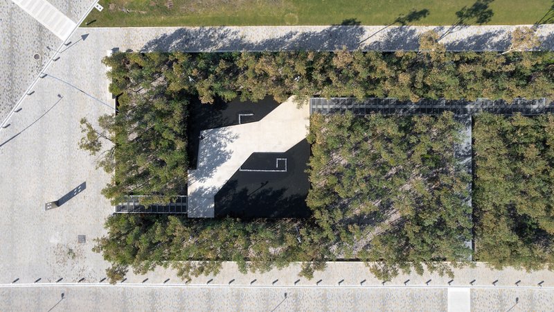 Overhead view of a building with a perforated roof nested within a wooded site
