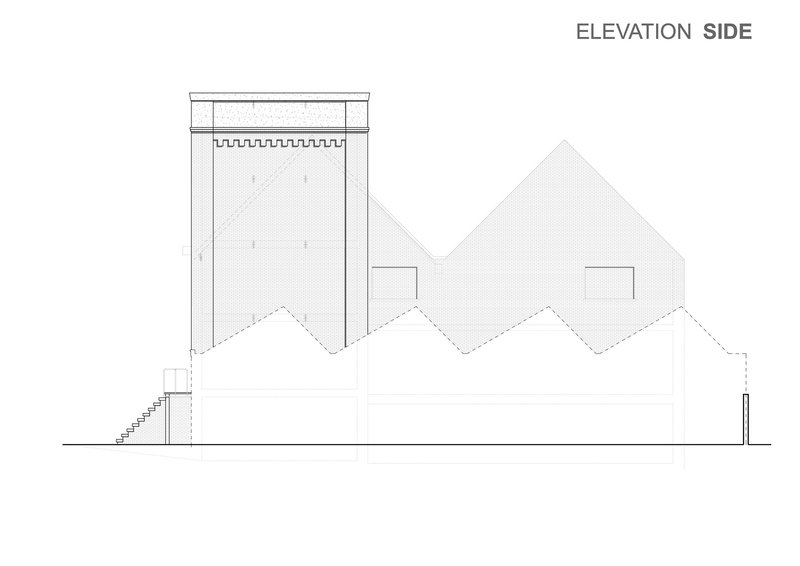 Side elevation drawing showing a tall masonry tower beside sawtooth roof forms and lower volumes