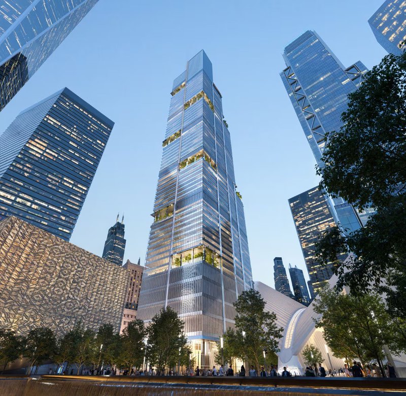 Glass tower with planted terraces rising among surrounding high-rises at dusk