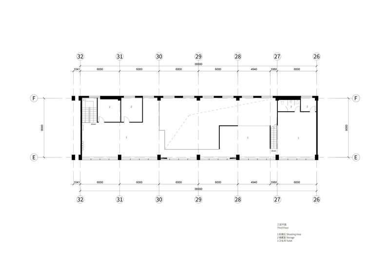 Floor plan drawing showing open floor with perimeter stairs, central volume, and minimal partitions