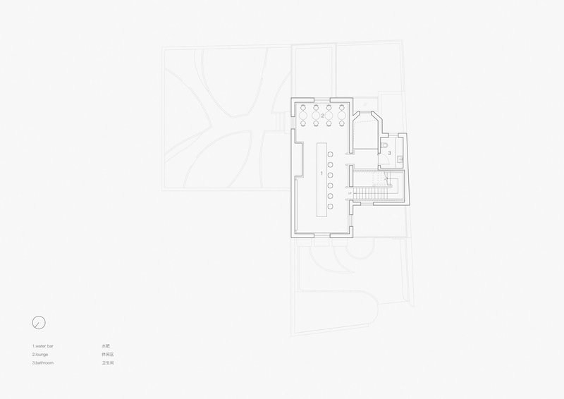 Floor plan drawing showing rooftop level with seating arrangement and stairwell access