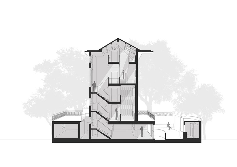 Section drawing showing central staircase linking five levels beneath a pitched roof volume