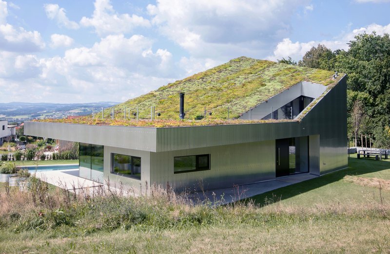 Planted green roof sloping across the corrugated metal volume under a cloudy sky