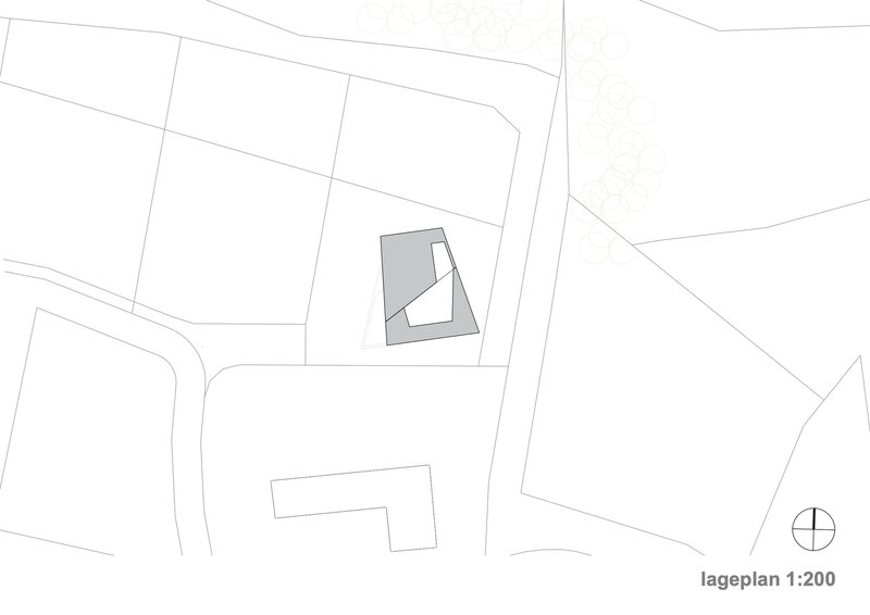 Site plan drawing showing the angled footprint of the building within its surrounding parcels