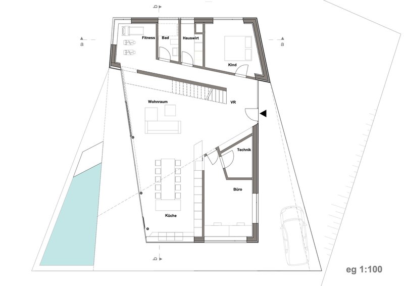Ground floor plan drawing showing the open living space, service rooms, and adjacent pool terrace