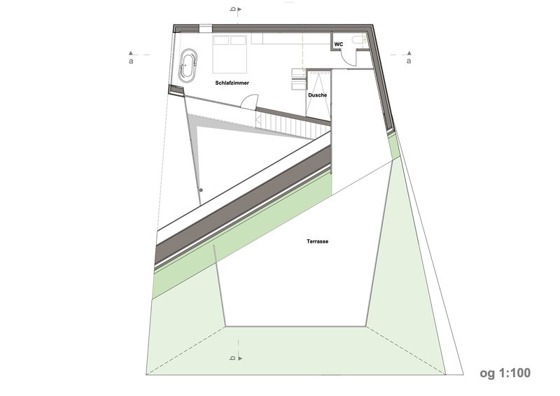 Upper floor plan drawing showing bedroom suite with terrace and stairwell void below