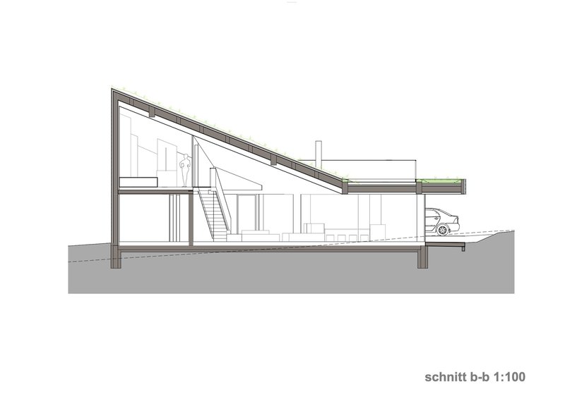 Section drawing showing the sloped roof structure, interior staircase, and carport with vehicle