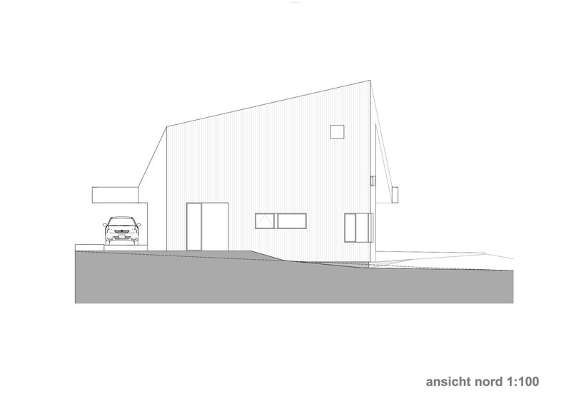 North elevation drawing showing the gabled facade with carport and rectangular window openings