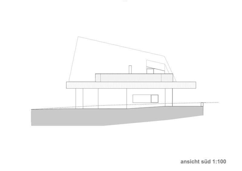 South elevation drawing illustrating the angled roof and horizontal canopy with fenestration below