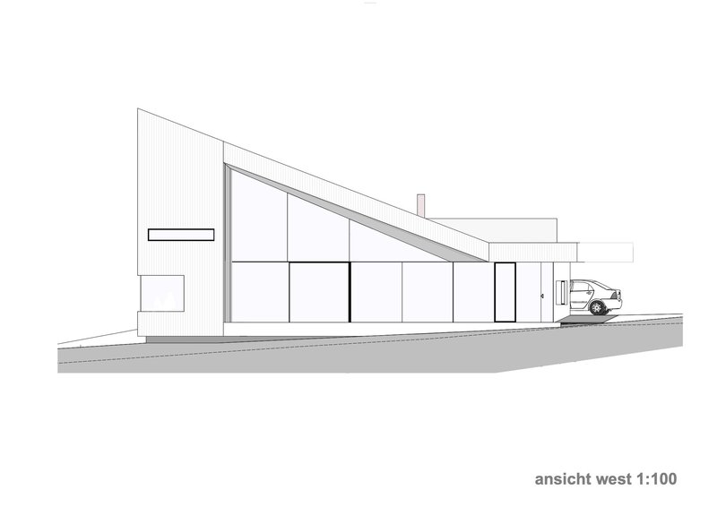 West elevation drawing featuring the sloped roofline, glazed facade, and covered carport with vehicle