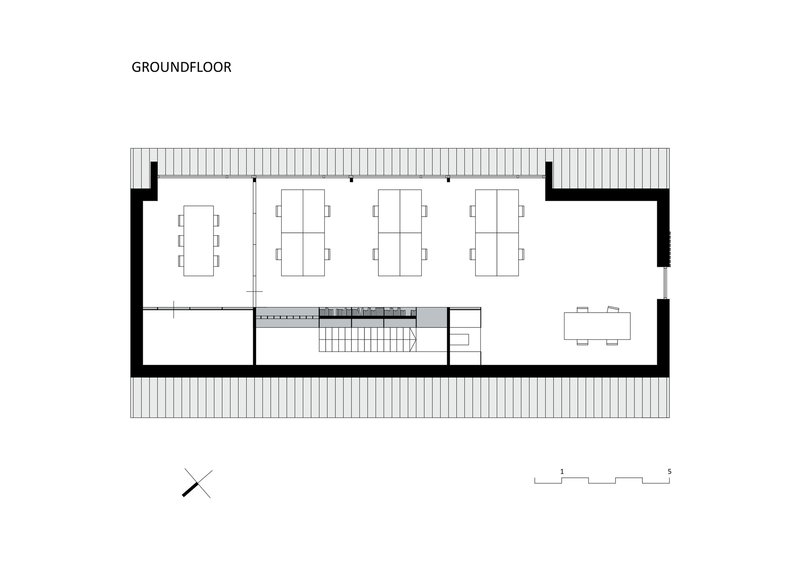 Ground floor plan showing four meeting rooms, central stair, and covered terrace