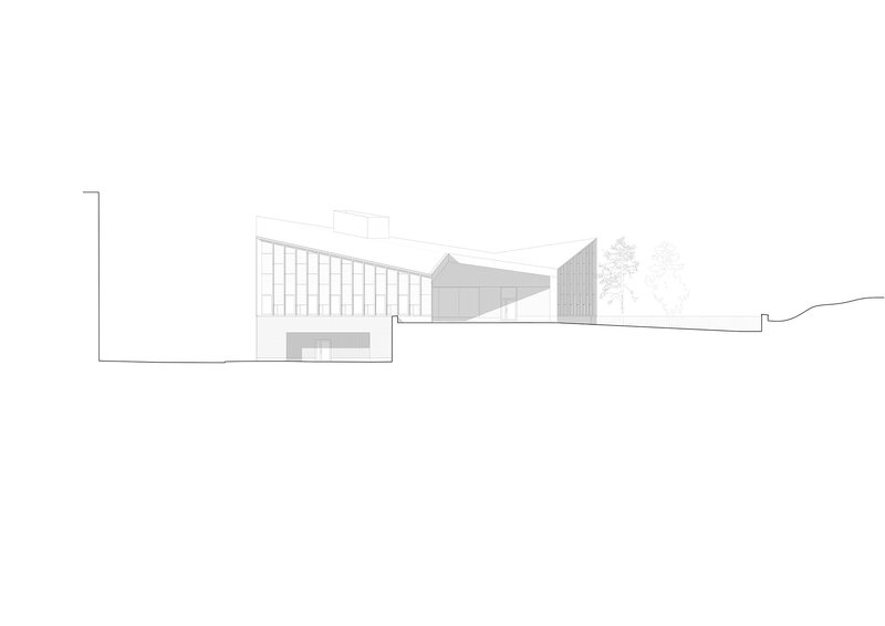 Elevation drawing showing a glazed vertical facade and sloping roof forms with trees in silhouette
