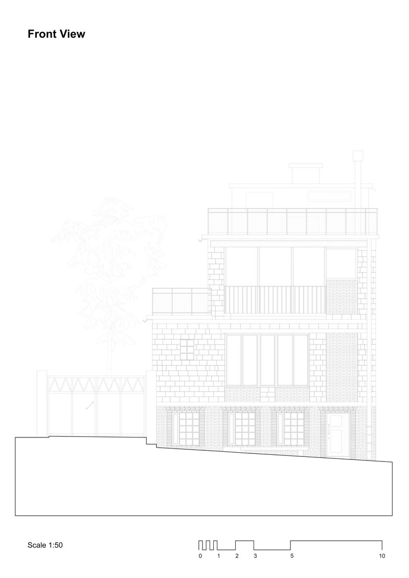 Front elevation drawing showing a multi-story facade with varied materials including masonry and vertical siding on a sloped site