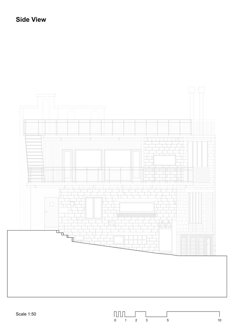 Side elevation drawing depicting stacked volumes with mixed cladding and stepped terrain below