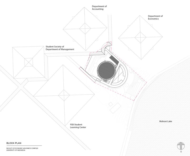 Block plan drawing showing a circular volume among diamond-shaped departmental buildings near a lakeshore