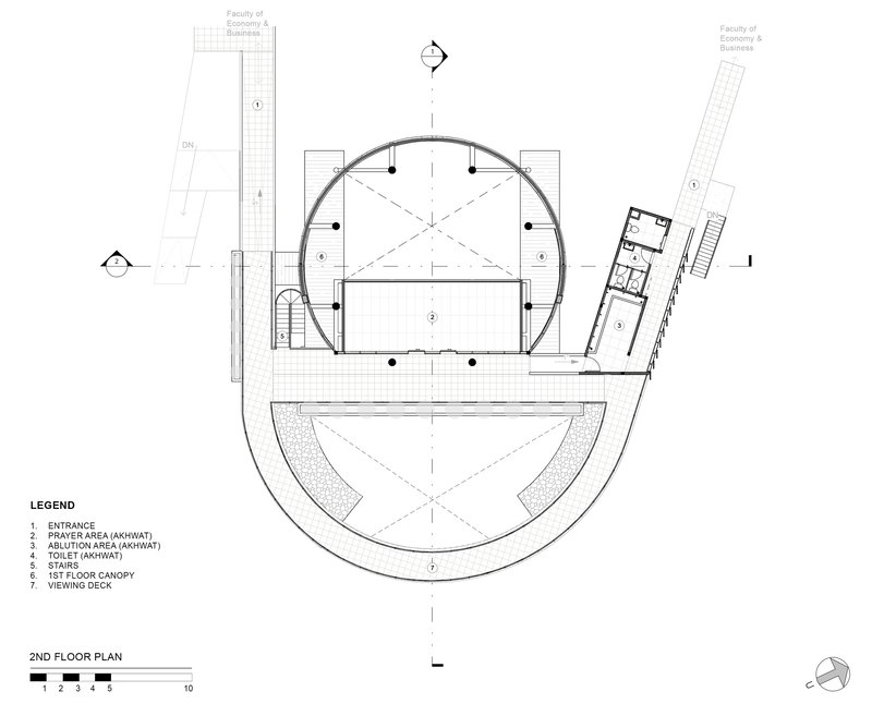 Second floor plan drawing showing a semicircular prayer area with viewing deck and support rooms