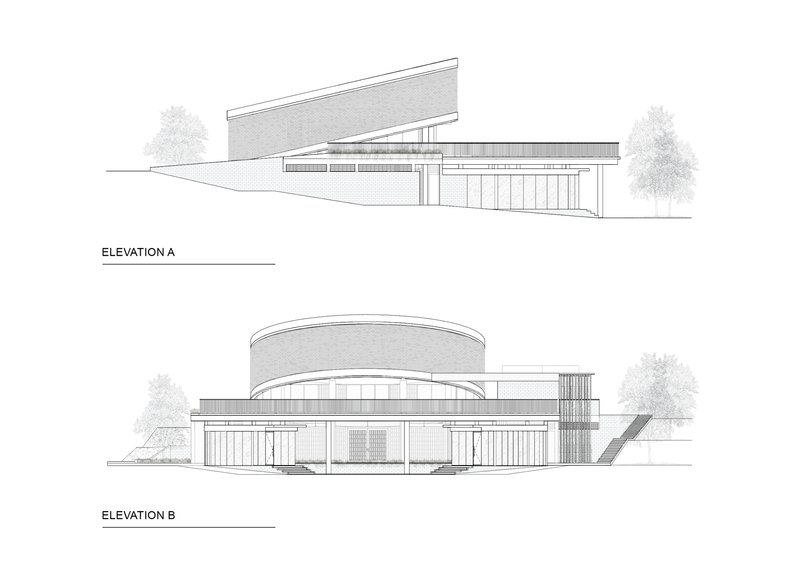 Elevation drawings showing the curved dome volume with horizontal louvers flanked by trees