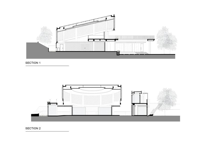 Section drawings revealing the interior spatial volumes beneath the angled roof and curved dome