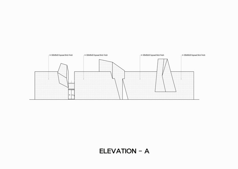 Elevation drawing showing four angled rooftop volumes rising from a horizontal base with exposed brick finish
