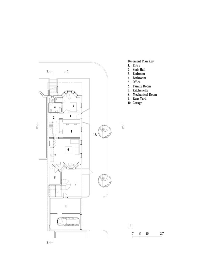 Basement floor plan drawing showing stair hall, bedroom, office and garage arrangement