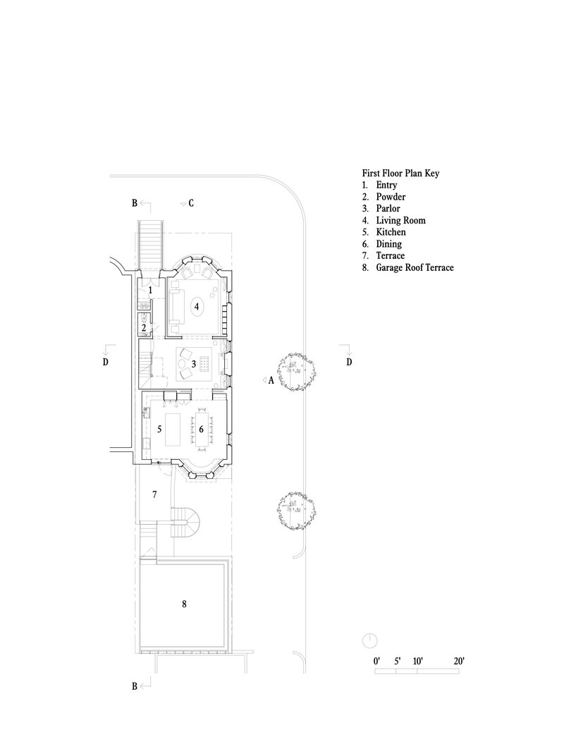 First floor plan drawing showing entry, parlor, living room, kitchen and rear terrace
