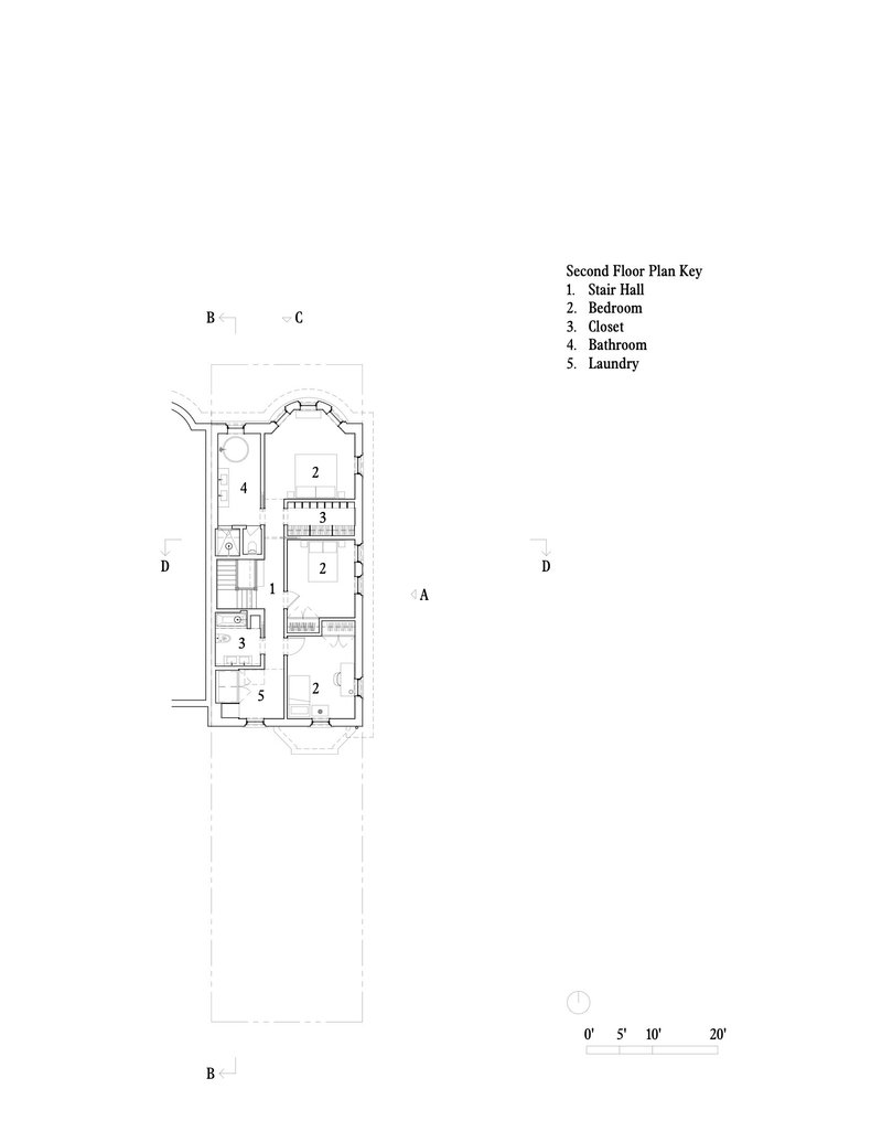 Second floor plan drawing showing central stair hall with bedrooms, closet and laundry