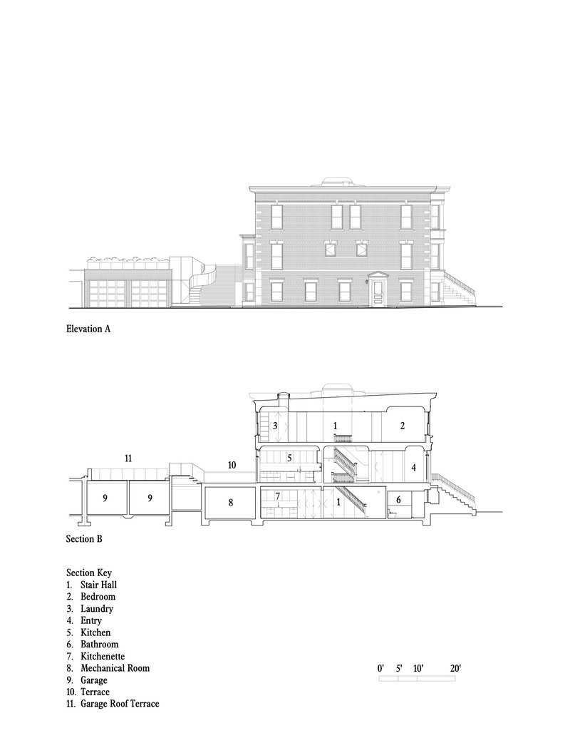 Elevation and section drawings showing a three-story residence with attached garage and labeled interior spaces
