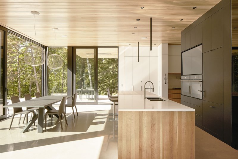 Open kitchen and dining area with timber island and full-height glazing to the forest terrace