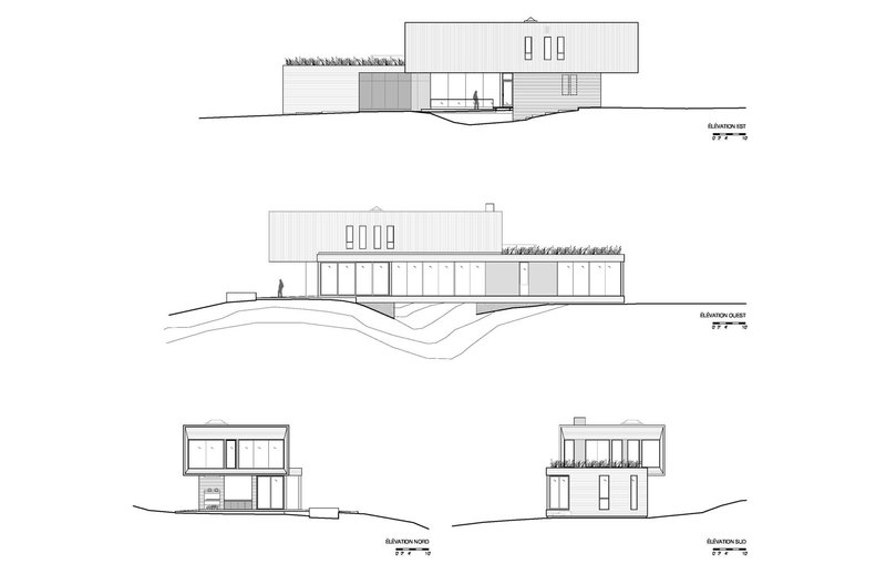 Elevation drawings showing four views of a two-story house with vertical siding on sloping terrain