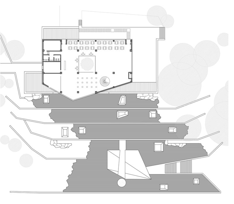 Floor plan drawing showing courtyard with circular stair and terraced platforms among trees