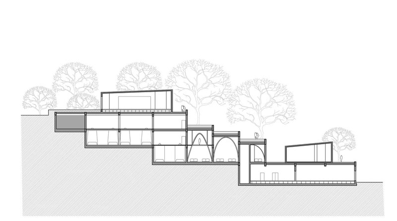Section drawing showing multi-level volumes cascading down a slope with arched openings and trees
