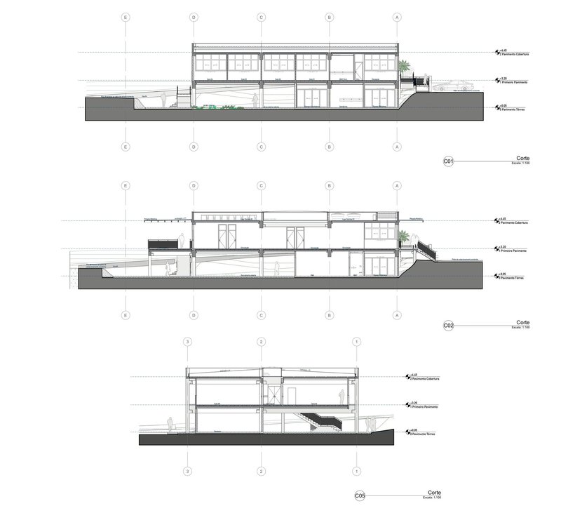 Section drawings showing three longitudinal cuts through the two-storey building with stairs and terraces
