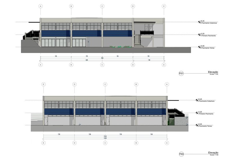 Elevation drawings displaying the front and rear facades with blue banding and grid glazing