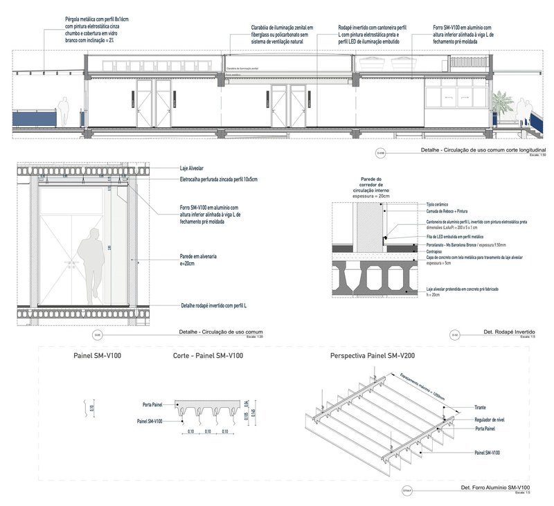 Technical construction detail drawings showing wall sections, panel profiles, and roof assembly perspectives with annotations