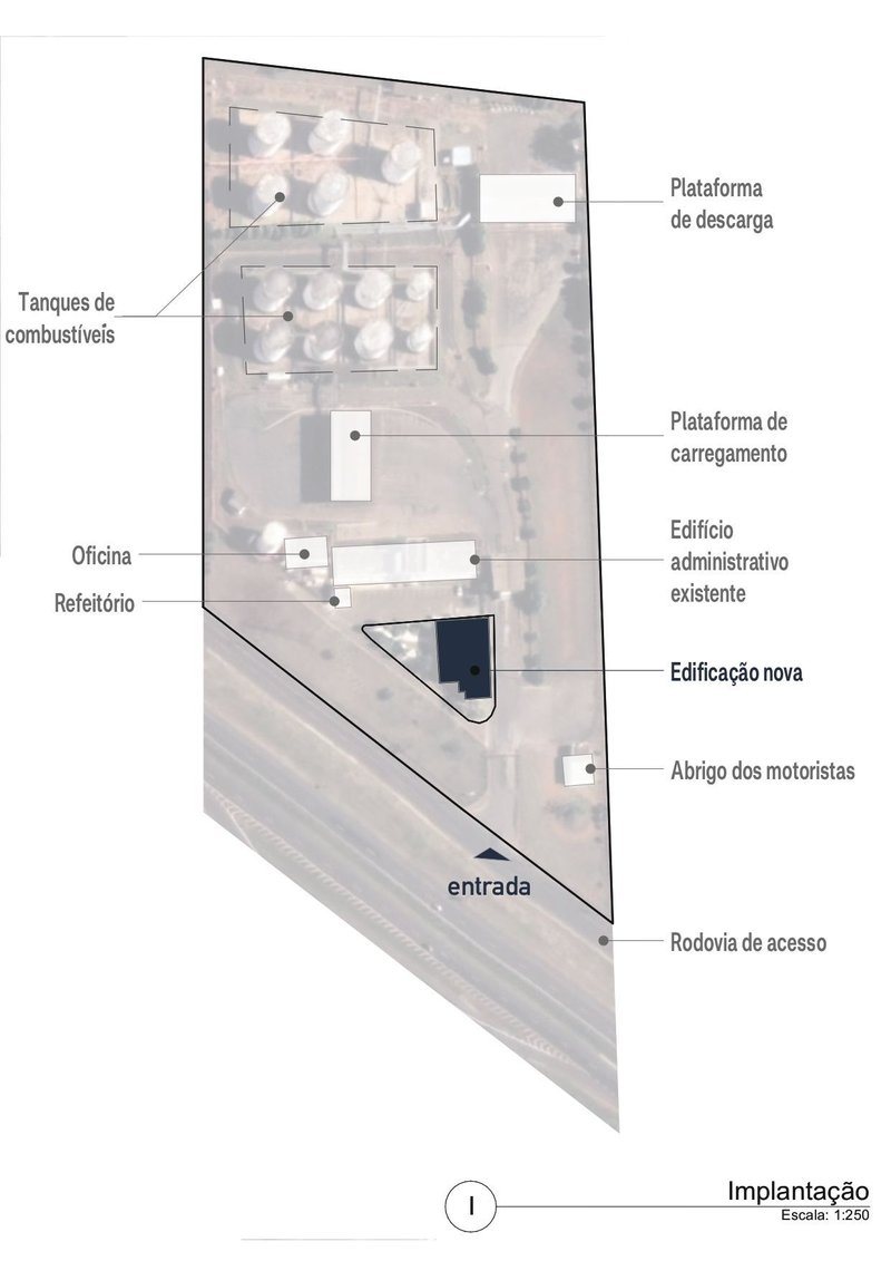 Site plan drawing showing an angled parcel with fuel tanks, administrative buildings and entry road