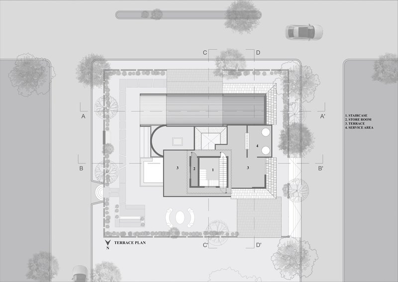 Terrace plan drawing revealing rooftop areas with a circular water feature and storage zones