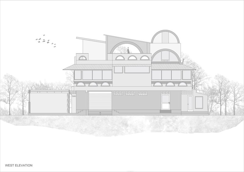 West elevation drawing featuring arched openings and layered horizontal volumes framed by trees