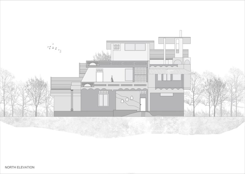 North elevation drawing displaying stacked volumes with varied window patterns and perforated screens
